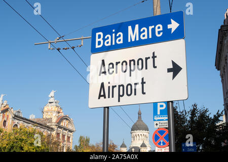 Cluj Napoca, Romania - 24 Oct, 2019: Aiport and Baia Mare road Sign in Cluj Napoca, Romania Stock Photo