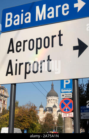 Cluj Napoca, Romania - 24 Oct, 2019: Cluj Napoca, Romania - 24 Oct, 2019: Aiport and Baia Mare road Sign in Cluj Napoca, Romania Stock Photo