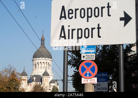 Cluj Napoca, Romania - 24 Oct, 2019: Cluj Napoca, Romania - 24 Oct, 2019: Aiport and Baia Mare road Sign in Cluj Napoca, Romania Stock Photo