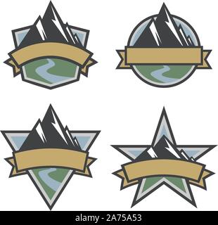 Outdoor Travel Scenic Mountain Logo Set in Shield, Circle, Triangle and Star Shapes, Isolated Vector Illustration Stock Vector