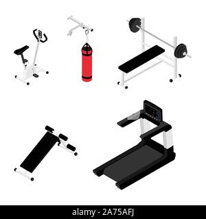 Gym bench with barbell, gym bike, treadmill and boxing bag isolated on white background isometric view. Fitness home gym equipment Stock Vector