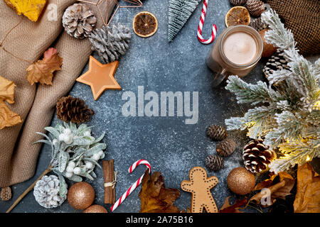 Contemporary festive christmas background. Seasonal winter objects, flat lay view. Stock Photo