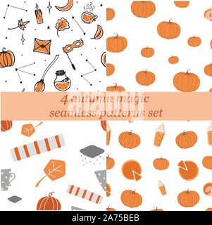 Four seamless pattern design set. Autumn decoration with in vector Stock Vector