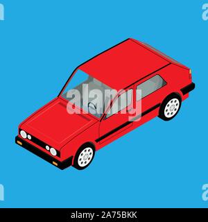 Red retro car isometric view isolated on blue background. Stock Vector