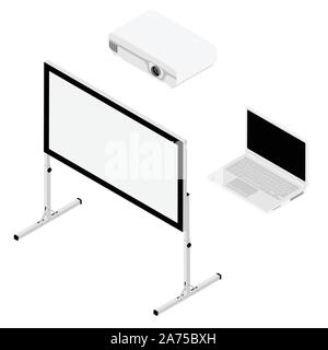 Laptop computer, projector and screen isometric view. Realistic video projector, white empty screen and laptop computer Stock Vector