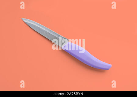 Kitchen utensils - a small knife for vegetables with a plastic handle on a coral background. Cooking tools. Stock Photo