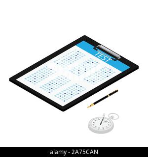 Test, exam paper on clipboard, stopwatch and pen isometric view. Exam, or survey concept icon. School test. School exam. Stock Vector