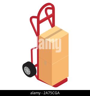 Hand truck with brown cardboard boxes isolated on white background isometric view. Package delivery Stock Vector