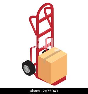 Hand truck with brown cardboard boxes isolated on white background isometric view. Package delivery Stock Vector