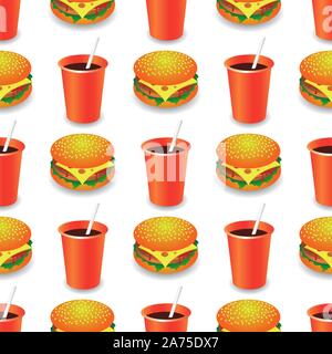 Street Fast Food Seamless Pattern. Fresh Hamburger and Cold Drink. Unhealthy High Calorie Meal. Set of Sandwiches Stock Vector