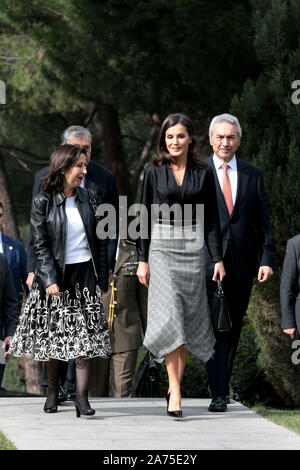 Madrid, Spain; 30/10/2019.- Queen Letizia presides over the delivery of the International Friendship Award (IFA), accompanied by the acting Minister of Defense, Margarita Robles, the director of the IESE campus in Madrid, José Luis Suárez, and the founder of the IFA awards, Pedro Nueno.For the occasion, Queen Letizia has chosen a midi wool skirt with Prince of Wales print and side spikes belonging to the autumn-winter collection of last season from Massimo Dutti.Photo: Juan Carlos Rojas/Picture Alliance | usage worldwide Stock Photo