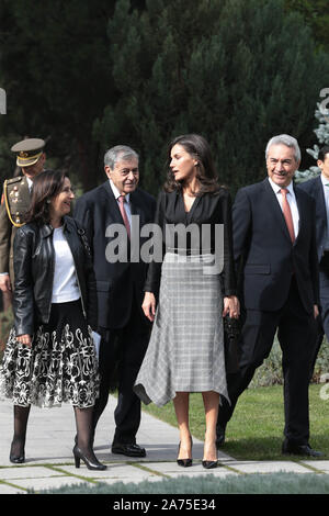 Madrid, Spain; 30/10/2019.- Queen Letizia presides over the delivery of the International Friendship Award (IFA), accompanied by the acting Minister of Defense, Margarita Robles, the director of the IESE campus in Madrid, José Luis Suárez, and the founder of the IFA awards, Pedro Nueno.For the occasion, Queen Letizia has chosen a midi wool skirt with Prince of Wales print and side spikes belonging to the autumn-winter collection of last season from Massimo Dutti.Photo: Juan Carlos Rojas/Picture Alliance | usage worldwide Stock Photo