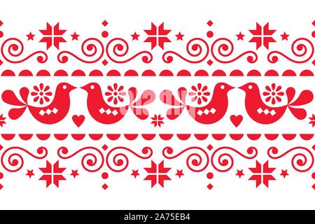 Scandinavian Christmas folk art vector seamless pattern with flowers, birds and snowflakes, Nordic festive design in red an white Stock Vector