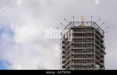 Beautiful bird formation flies over the new bell tower of the Gedächtniskirche church in Berlin, Germany Stock Photo