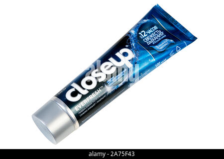 St. Petersburg, Russia - October 17, 2019: Closeup Everfresh fluoride toothpaste gel, with anti-bacterial and whitening effect. The brand is marketed Stock Photo