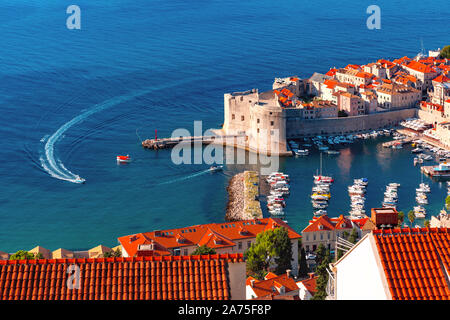 Aerial view of The Old Harbour and Fort St Ivana in Dubrovnik, Croatia Stock Photo
