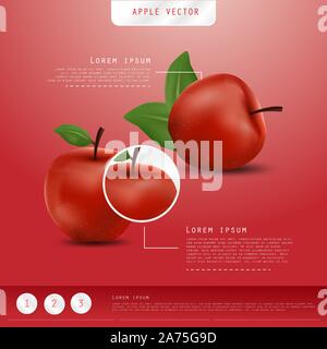 Realistic Red Apples Banner background. Realistic 3d apples. Detailed 3d Illustration Poster or Banner. Healthy and Natural fruit design. Stock Vector