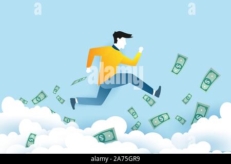 A man is jumping on the clouds with money in clean sky background. Business ideas design in EPS10 vector illustration. Stock Vector