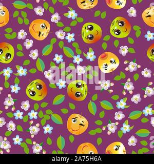 Cute seamless pattern with cartoon emoji fruits Stock Vector