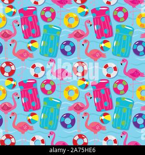 Seamless Vector Pattern with Flamingos and Other Summer Themed Elements Stock Vector