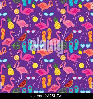 Seamless Vector Pattern with Flamingos and Other Summer Themed Elements Stock Vector