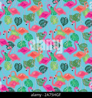 Seamless Vector Pattern with Flamingos and Other Summer Themed Elements Stock Vector