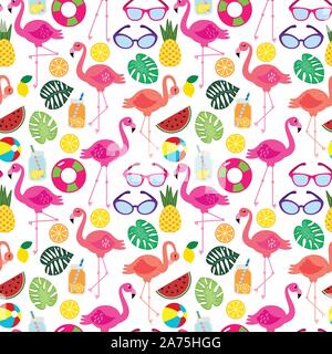 Seamless Vector Pattern with Flamingos and Other Summer Themed Elements Stock Vector