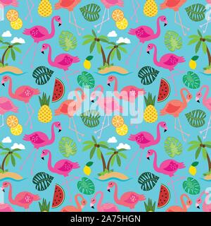 Seamless Vector Pattern with Flamingos and Other Summer Themed Elements Stock Vector