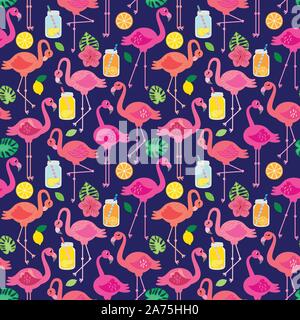 Seamless Vector Pattern with Flamingos and Other Summer Themed Elements Stock Vector