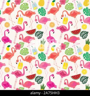 Seamless Vector Pattern with Flamingos and Other Summer Themed Elements Stock Vector