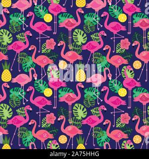 Seamless Vector Pattern with Flamingos and Other Summer Themed Elements Stock Vector