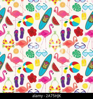 Seamless Vector Pattern with Flamingos and Other Summer Themed Elements Stock Vector
