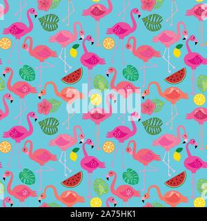Seamless Vector Pattern with Flamingos and Other Summer Themed Elements Stock Vector
