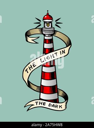 Sea Lighthouse with a ribbon in vintage style. Retro Marine beacon. Symbol of nautical journey. Seamark in the ocean. Hand drawn engraved retro Stock Vector