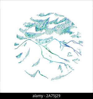 Neon picture of mountains is in a circle. Beautiful clouds and mountains. Stock Vector