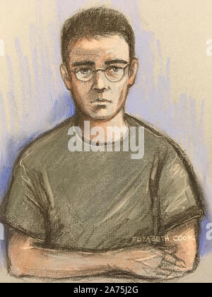 Court artist sketch by Elizabeth Cook of Pawel Relowicz, appearing at Hull Magistrates' Court by video-link, who has been charged with raping and murdering 21-year-old student Libby Squire, whose body was found earlier this year after a huge search. Stock Photo