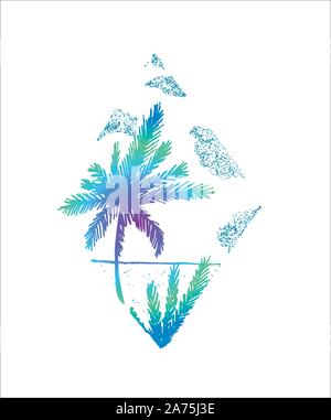 Neon picture of palm, sea and clouds in a rhombus. Stock Vector