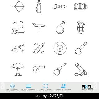 Weapons, war, army arsenal related vector line icon set. Pixel perfect design. Editable stroke. Adjust line weight. Expand to any size. Stock Vector