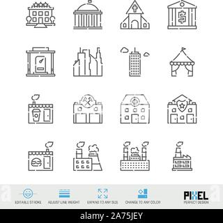 Buildings for various purposes related vector line icon set. Pixel perfect design. Editable stroke. Adjust line weight. Expand to any size. Stock Vector