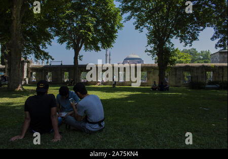 Istanbul: Hagia Sophia, former Greek Orthodox Christian patriarchal cathedral, later Ottoman imperial mosque, through the courtyard of the Blue Mosque Stock Photo