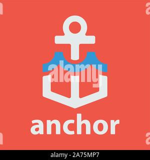 Vector anchor with wave. Vector anchor icon, nautical flat logo. Stock Vector