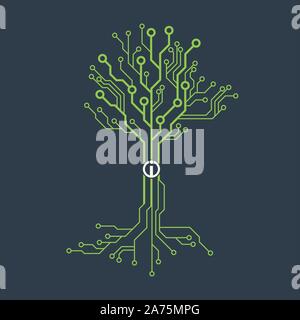 Circuit board tree symbol. Computer tree with motherboard elements Stock Vector