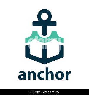 Vector anchor with wave. Vector anchor icon, nautical flat logo. Stock Vector