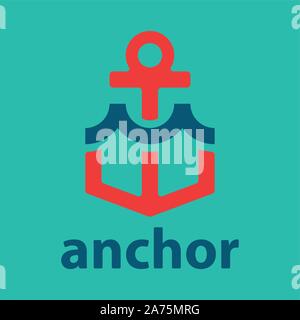 Vector anchor with wave. Vector anchor icon, nautical flat logo. Stock Vector