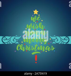 Merry Christmas vector text. Calligraphy text for greeting cards. Christmas tree calligraphy and frosty pattern Stock Vector