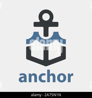 Vector anchor with wave. Vector anchor icon, nautical flat logo. Stock Vector