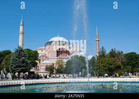 Istanbul: Hagia Sophia, former Greek Orthodox Christian patriarchal cathedral then Ottoman imperial mosque now museum, from Sultan Ahmet Park fountain Stock Photo