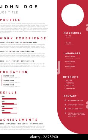 Resume or CV template with minimalist red colour design. Font used is Roboto. Stock Vector