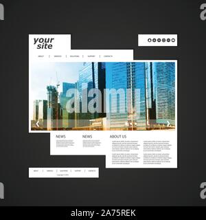 Website Template with Unique Design - Sunny Cityscape Skyline Image Header, Tall Office Building and Urban Theme - Illustration for Your Business Stock Vector