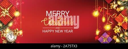Christmas banners set with fir branches decorated with ribbons, balls and garlands. With snow frames on red background. Festive header design for your Stock Vector